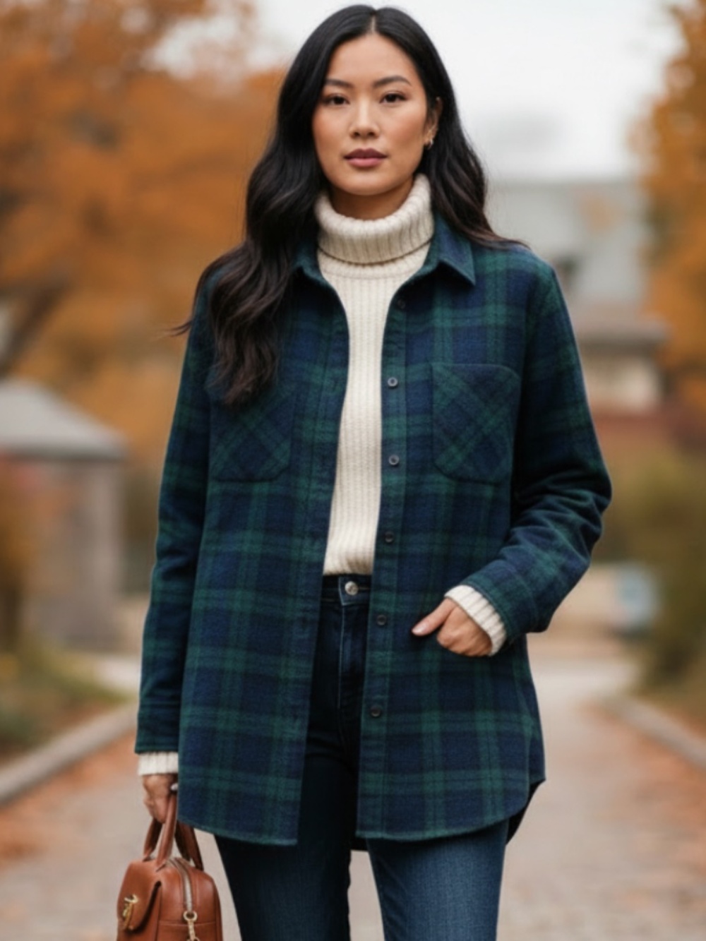 LL Bean Shirt Top Button Down Sz 1X 16 18 Tartan Scotch Plaid Flannel Green Blue